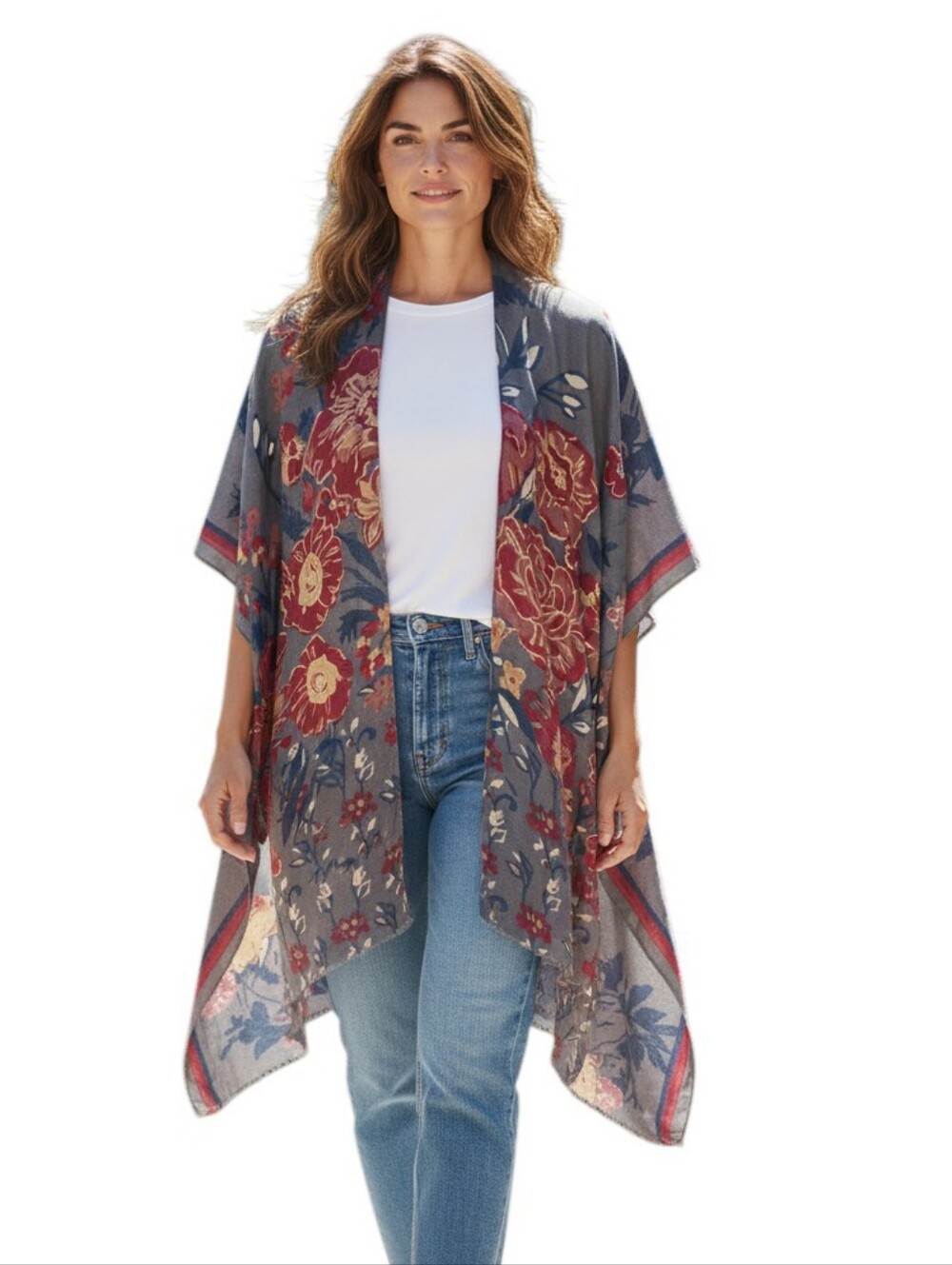 Woven Heart Floral Open Front Kimono Shrug Boho Duster Cardigan Sz One Size